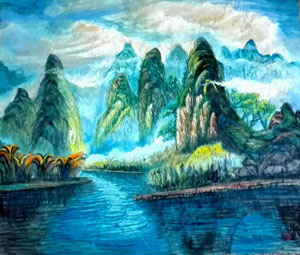 这是一幅描绘桂林的山水画,画面的视觉呈油画感觉,但它却是用国画的手法完成的,